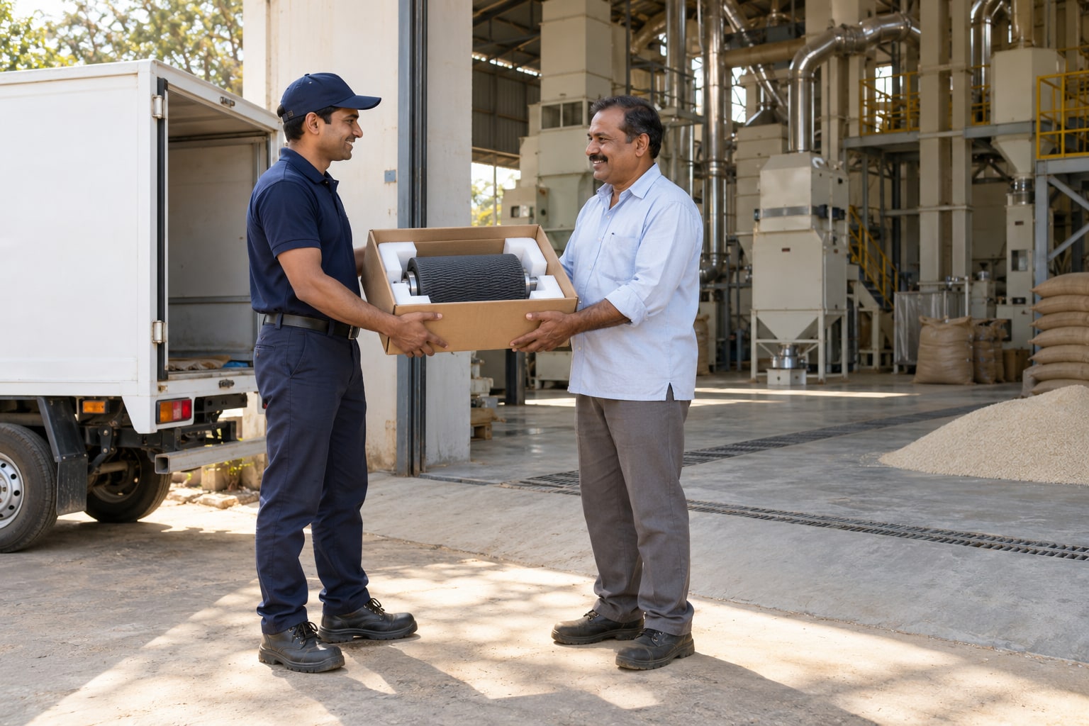 A delivery partner bringing a replacement roller to a rice mill owner.