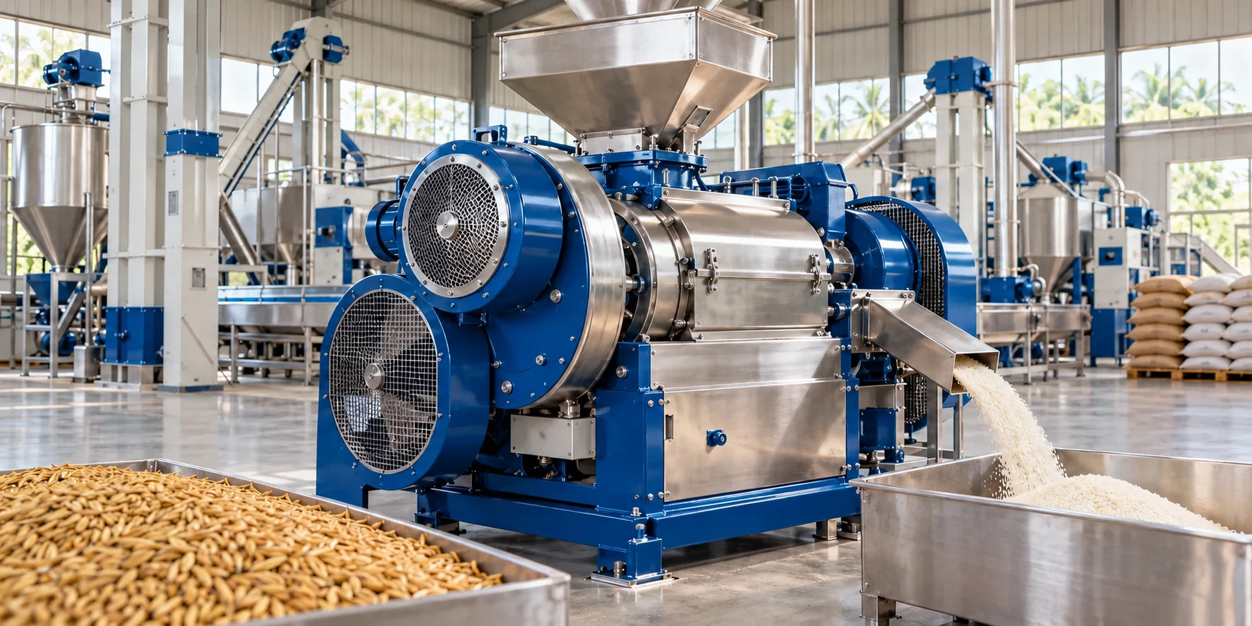Blue and stainless steel rice milling machine pouring polished rice into a collection bin