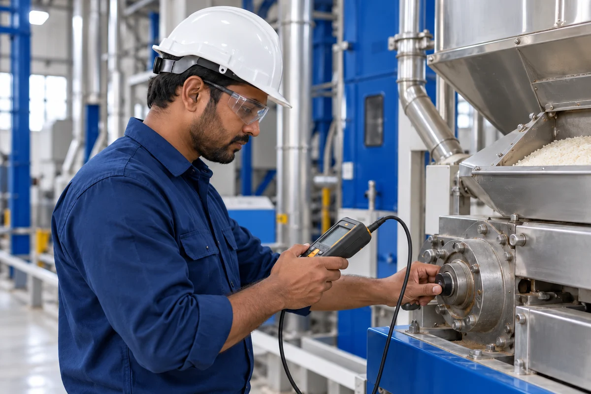 A qualified engineer checking machinery inside a rice mill.
