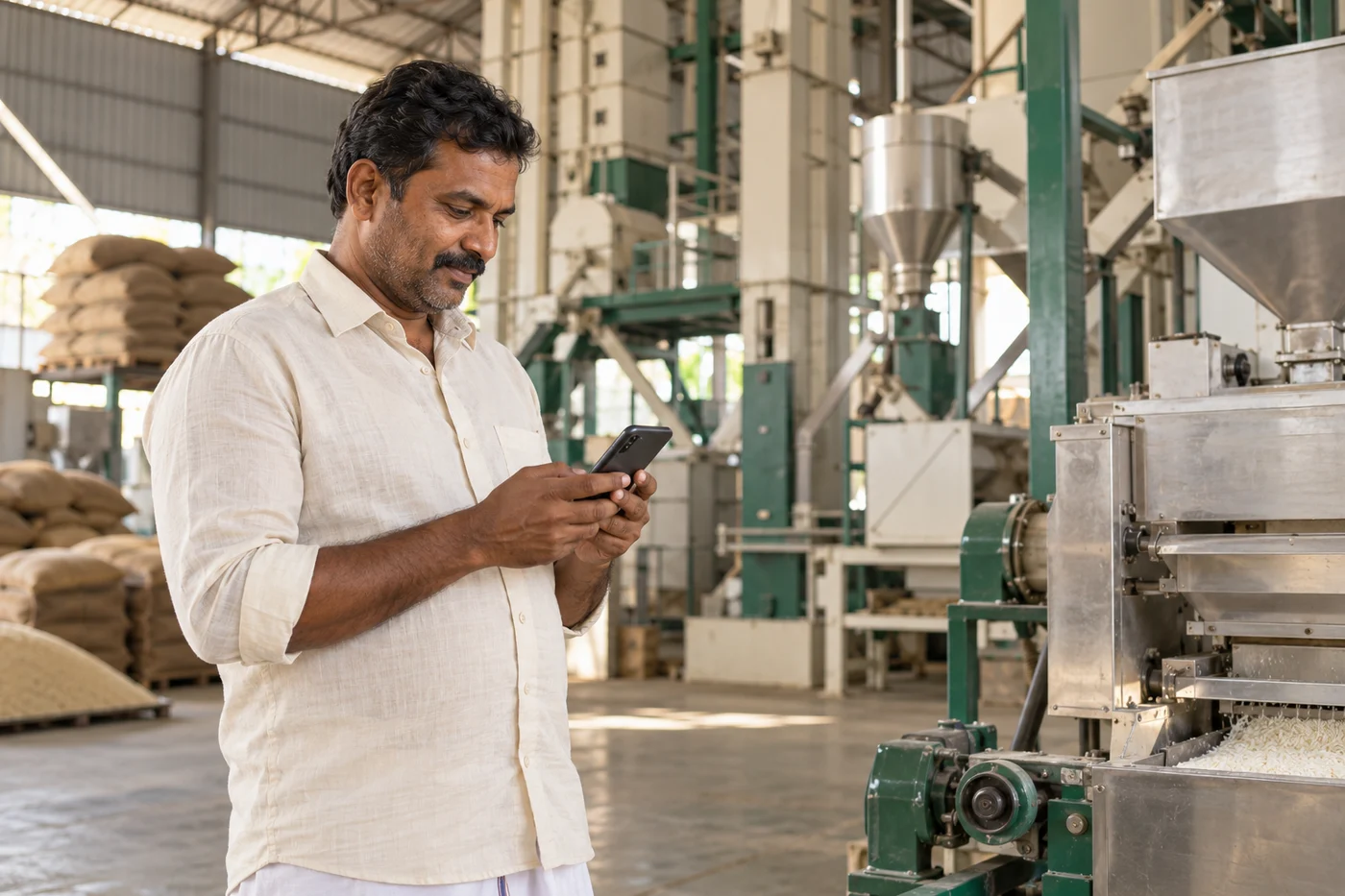 A rice mill owner using a smartphone inside his mill.